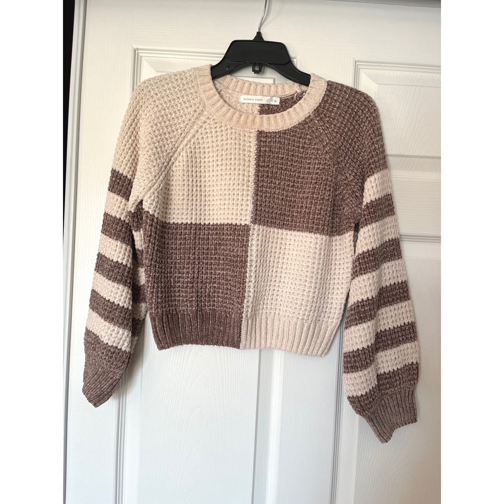 Altar'd State Womens XS Chenille Cropped Sweater Brown Cream Colorblock Striped